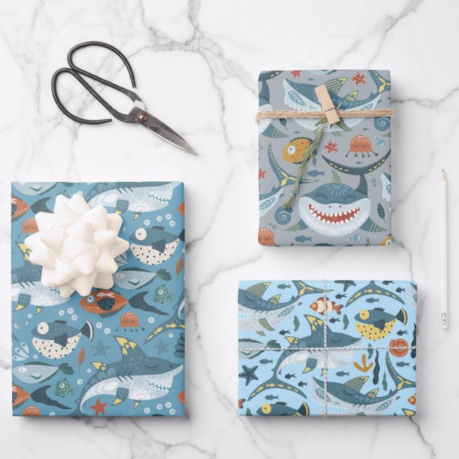 Cute Sharks Blue Green Grey Birthday Baby Boy Wrapping Paper Sheets (Front)