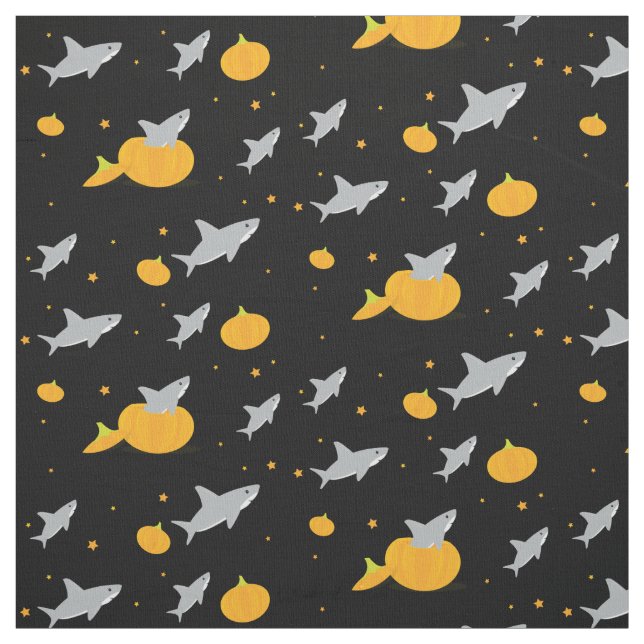 Cute Sharks Gray Black Orange Pumpkins Halloween Fabric (Swatch)