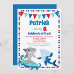 Cute Sharks Invitation Funny Birthday Party<br><div class="desc">A goofy sharks birthday invitation for your birthday boy or girl. Featuring two funny sharks with a cute dot border and flags in blue,  red and turquoise. Great for ages: 1st 2nd 3rd 4th 5th 6th 7th 8th 9th 10th 11th 12th</div>