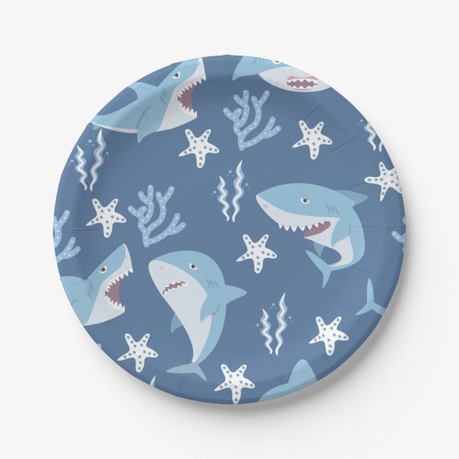 Cute Sharks Pattern Underwater Party Paper Plates (Front)