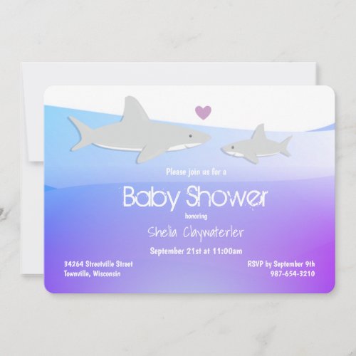 Cute Sharks Purple Ocean  Baby Shower Invitation