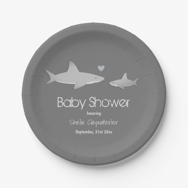 Cute Sharks Solid Gray Background | Baby Shower Paper Plates (Front)