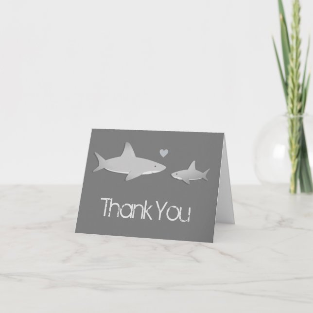 Cute Sharks Solid Gray Background Baby Shower Thank You Card (Front)