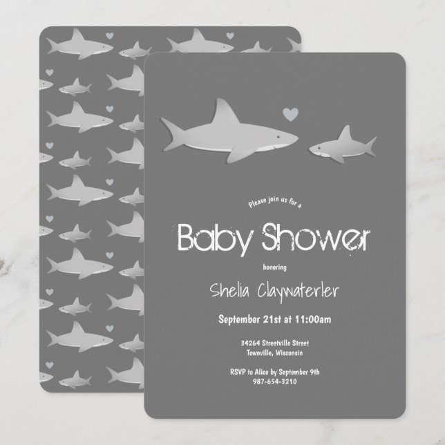 Cute Sharks Solid Gray Vertical Baby Shower Invitation (Front/Back)