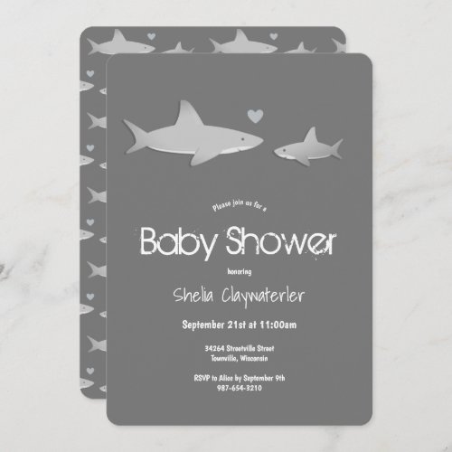 Cute Sharks Solid Gray Vertical Baby Shower Invitation