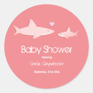 Cute Sharks Solid Pink Background Baby Shower Classic Round Sticker
