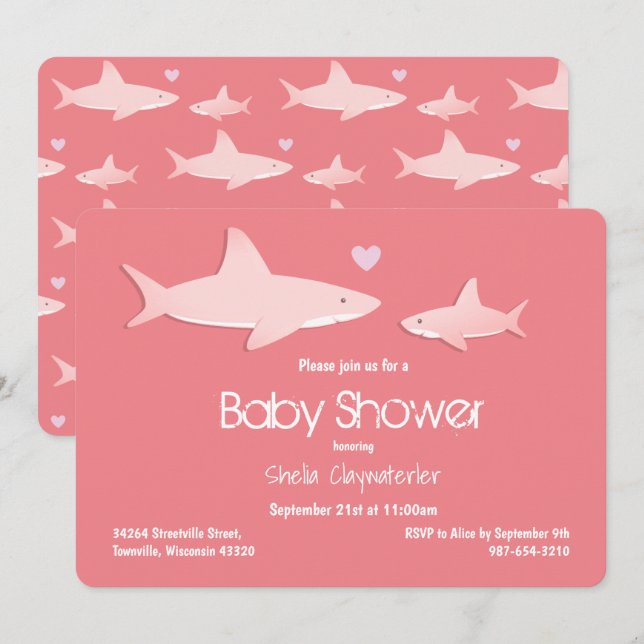 Cute Sharks Solid Pink Background Baby Shower Invitation (Front/Back)