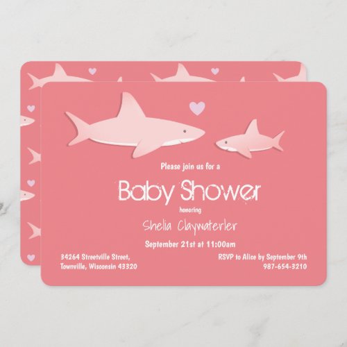 Cute Sharks Solid Pink Background Baby Shower Invitation