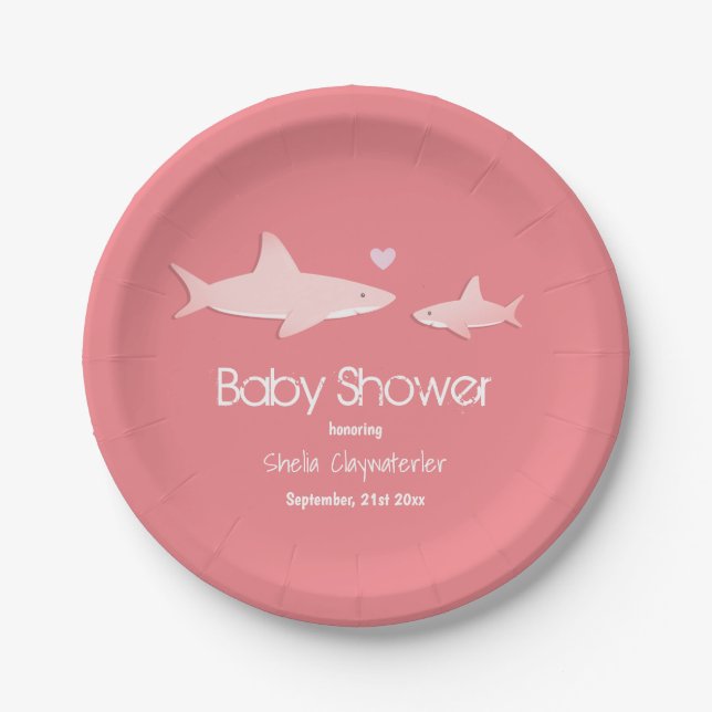 Cute Sharks Solid Pink Background | Baby Shower Paper Plates (Front)