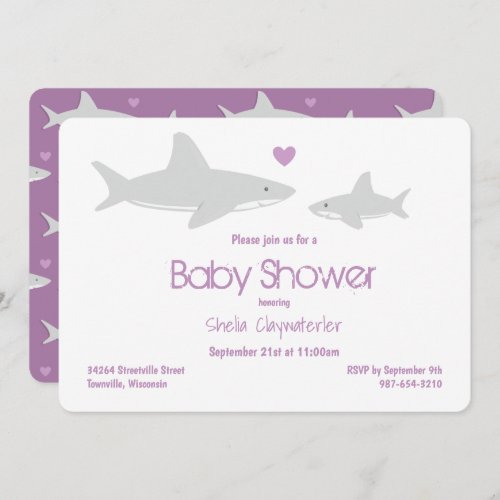 Cute Sharks White Purple Baby Shower Invitation