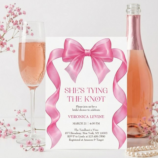 Cute She’s Tying the Knot Pink Bow Bridal Shower Invitation (Elegant She’s Tying the Knot Pink Ribbon Bow Bridal Shower Invitation)