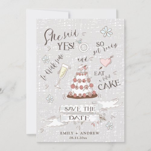 cute she said yes cartoon style save the date invitation