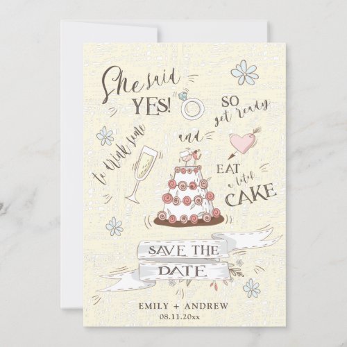 cute she said yes cartoon style save the date invitation
