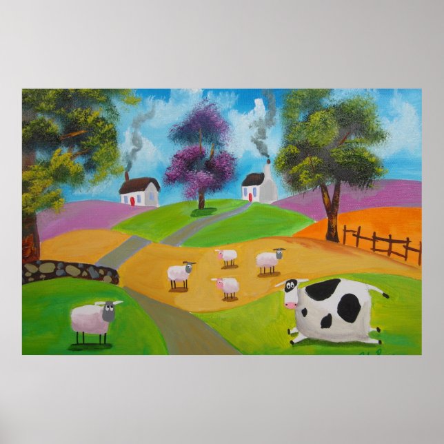 Cute sheep and cow folk painting by Gordon Bruce Poster (Front)