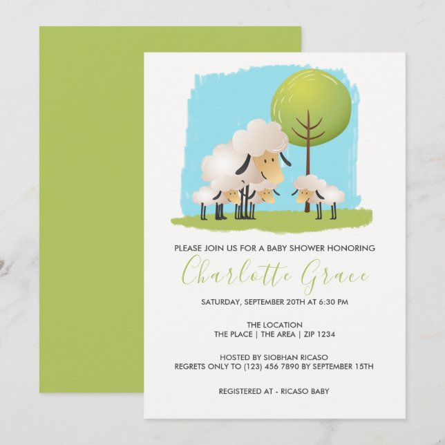 Cute Sheep And Lambs Baby Shower Triplets Invitation (Front/Back)