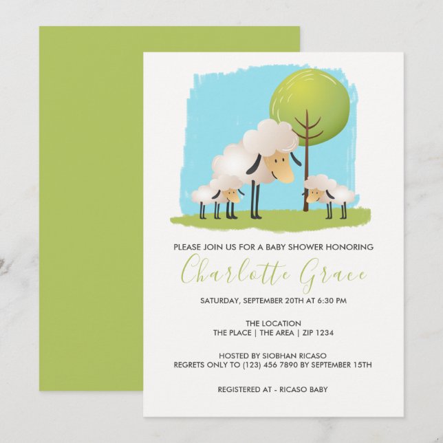 Cute Sheep And Lambs Personalized Twin Baby Shower Invitation (Front/Back)