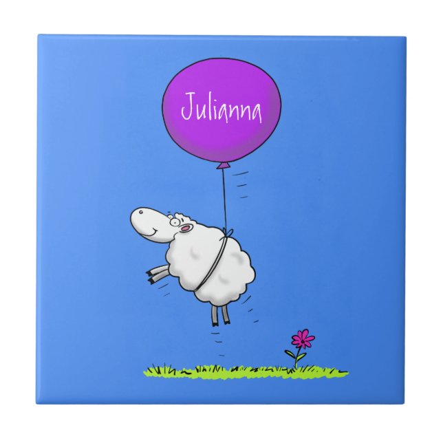 Cute sheep balloon cartoon humor illustration ceramic tile (Front)