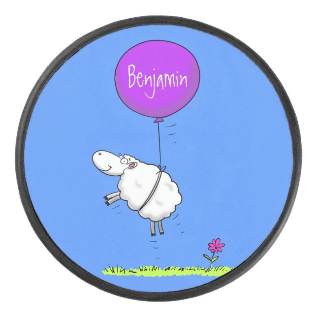 Cute sheep balloon cartoon humor illustration hockey puck (Front)