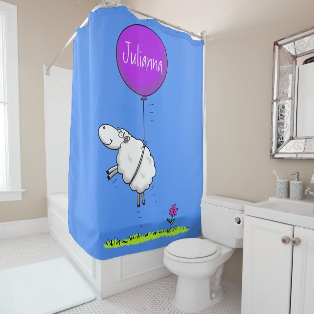 Cute sheep balloon cartoon humor illustration shower curtain (In Situ)