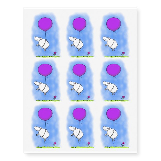 Cute sheep balloon cartoon humor illustration temporary tattoos (Front)