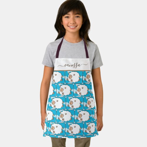 Cute Sheep  Blue Cloudy Sky Funny Animal Kid Name Apron