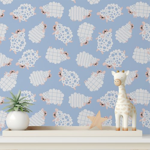 Cute Sheep Blue White Kids Pattern Wallpaper