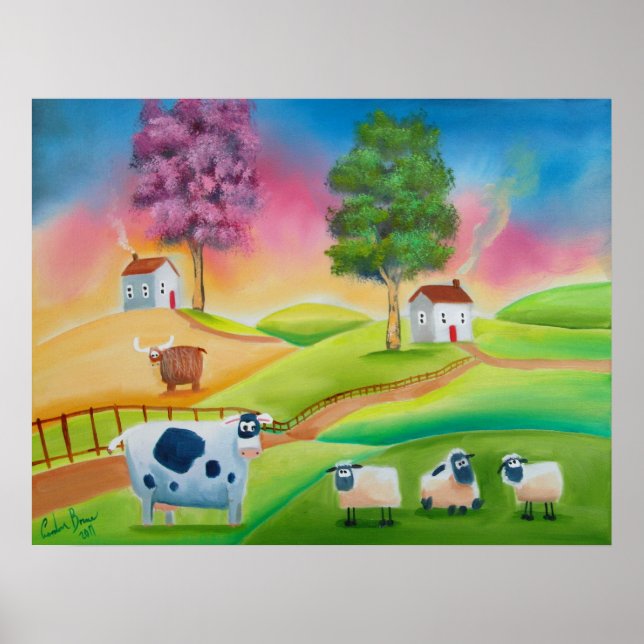 Cute sheep cows folk art naive painting G Bruce Poster (Front)