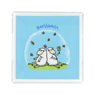 Cute sheep friends and butterflies cartoon acrylic tray