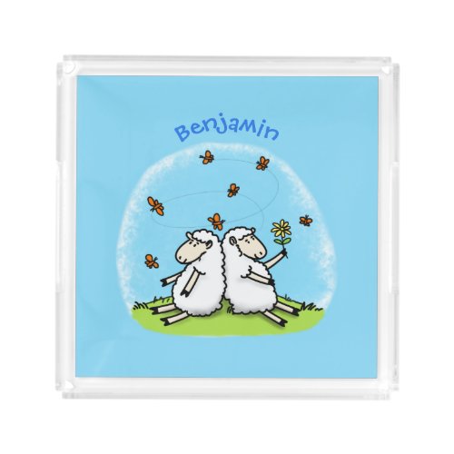 Cute sheep friends and butterflies cartoon acrylic tray