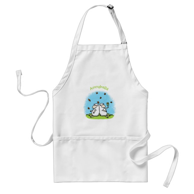 Cute sheep friends and butterflies cartoon adult apron (Front)