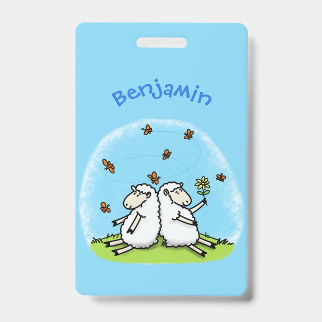 Cute sheep friends and butterflies cartoon badge (Front)