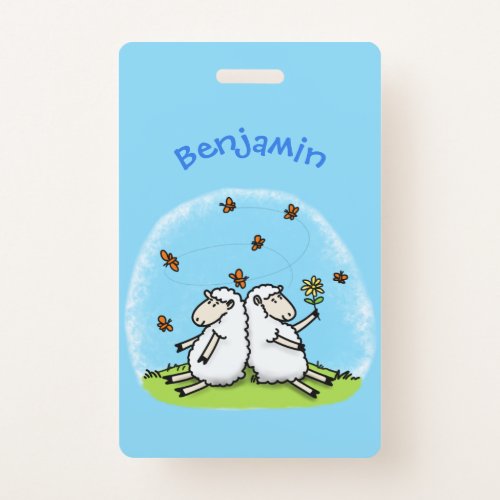 Cute sheep friends and butterflies cartoon badge