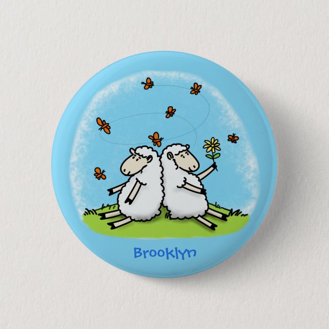 Cute sheep friends and butterflies cartoon  button (Front)