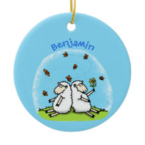 Cute sheep friends and butterflies cartoon ceramic ornament