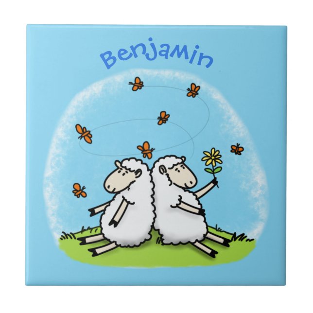 Cute sheep friends and butterflies cartoon ceramic tile (Front)