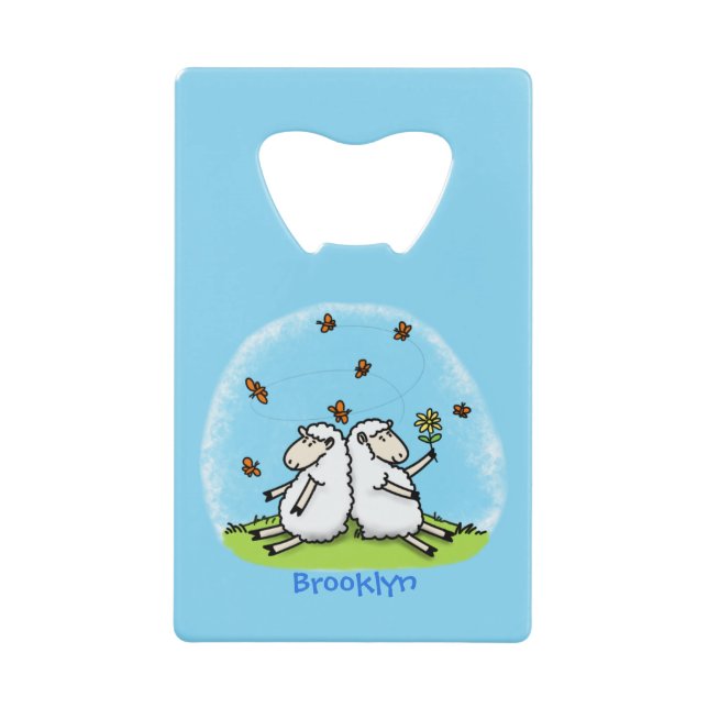 Cute sheep friends and butterflies cartoon credit card bottle opener (Front)