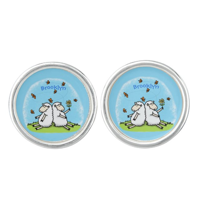 Cute sheep friends and butterflies cartoon cufflinks (Front)