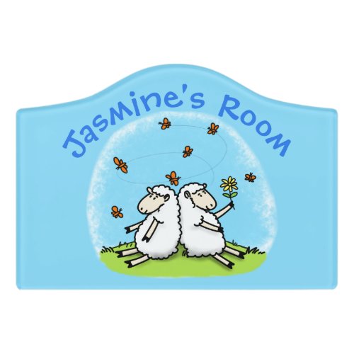 Cute sheep friends and butterflies cartoon door sign