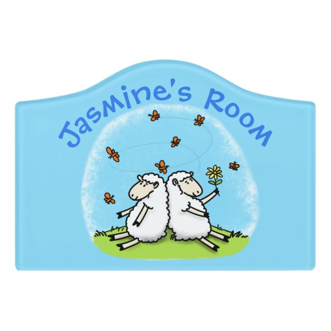 Cute sheep friends and butterflies cartoon door sign (Small Crest Front)