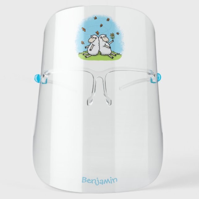 Cute sheep friends and butterflies cartoon  face shield (Front)