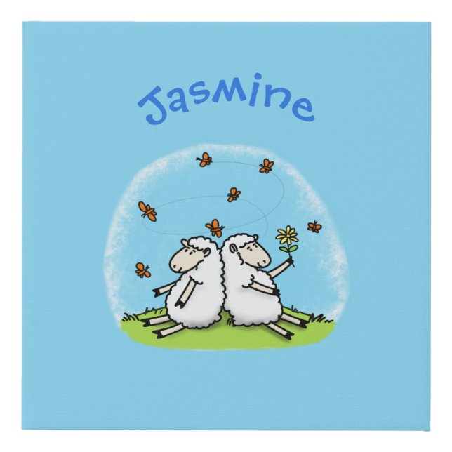 Cute sheep friends and butterflies cartoon faux canvas print (Front)