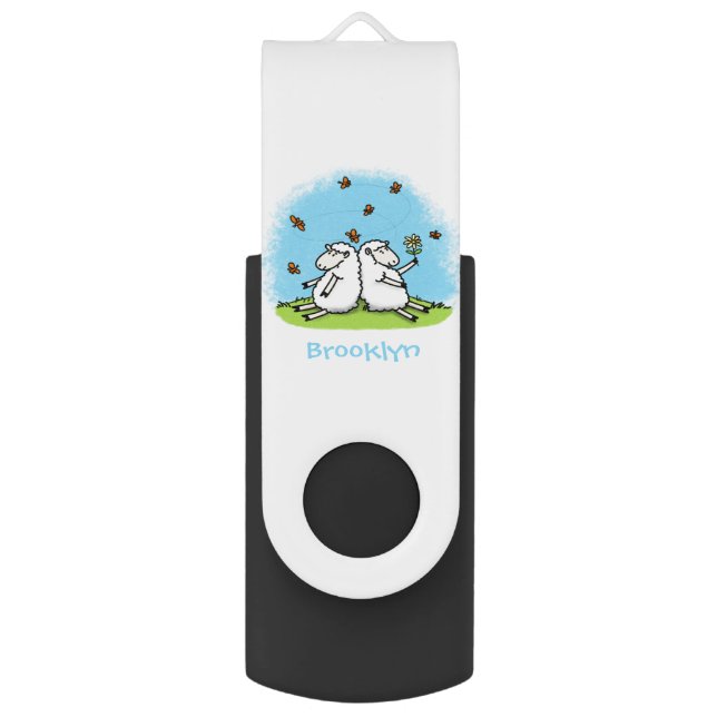 Cute sheep friends and butterflies cartoon flash drive (Front Vertical)