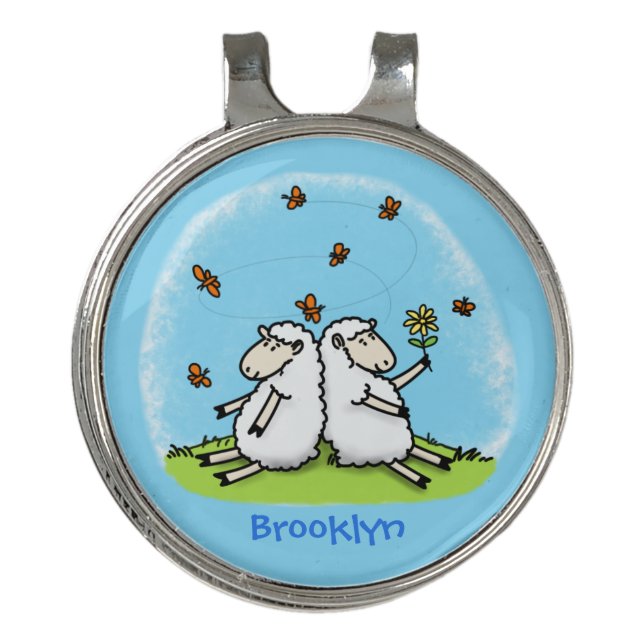 Cute sheep friends and butterflies cartoon golf hat clip (Front)