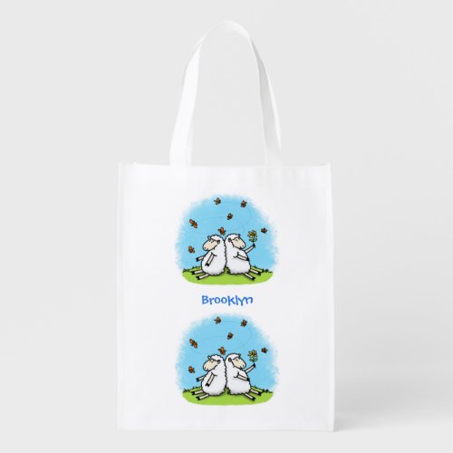 Cute sheep friends and butterflies cartoon grocery bag