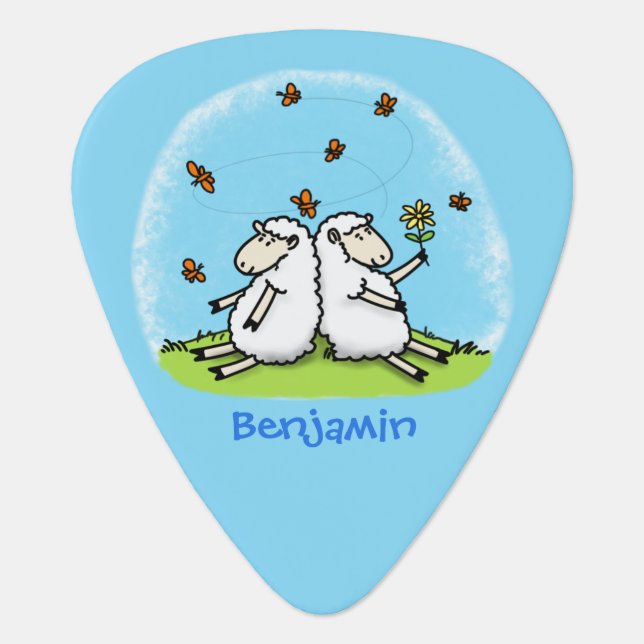 Cute sheep friends and butterflies cartoon guitar pick (Front)