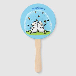 Cute sheep friends and butterflies cartoon hand fan