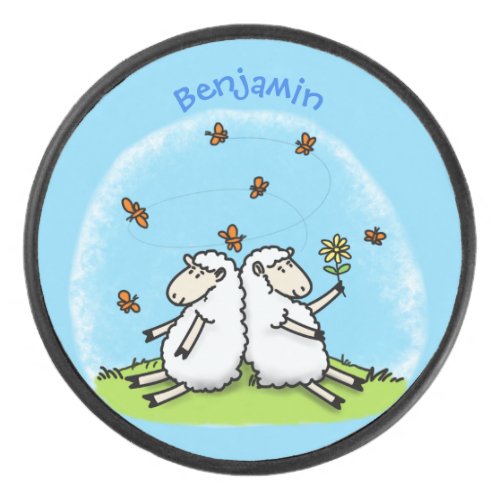 Cute sheep friends and butterflies cartoon hockey puck