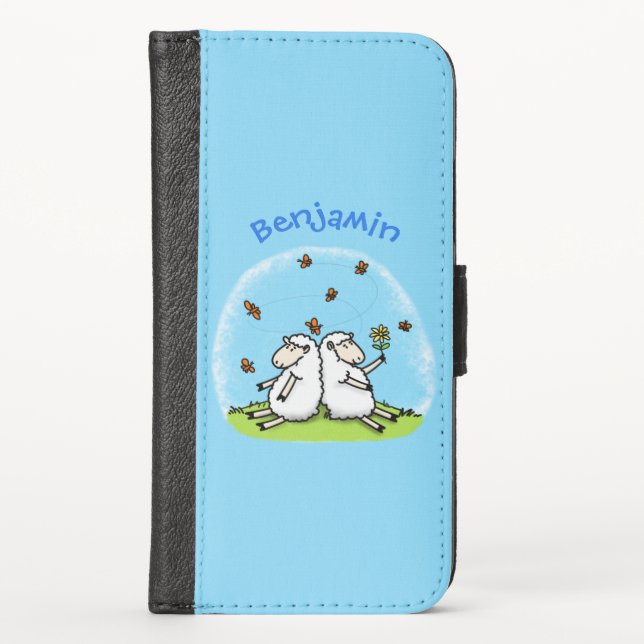 Cute sheep friends and butterflies cartoon iPhone wallet case (Front)