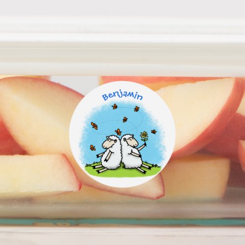 Cute sheep friends and butterflies cartoon labels