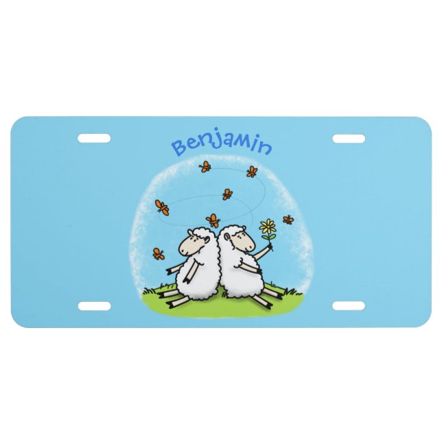 Cute sheep friends and butterflies cartoon  license plate (Front)